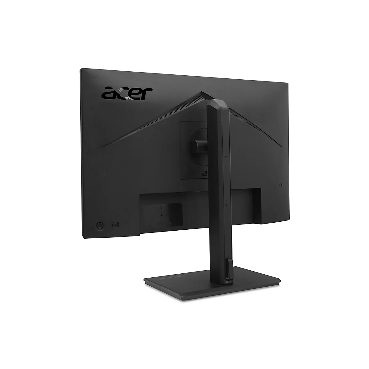 Rückansicht eines schwarzen Acer Monitors mit Standfuß vor weißem Hintergrund.