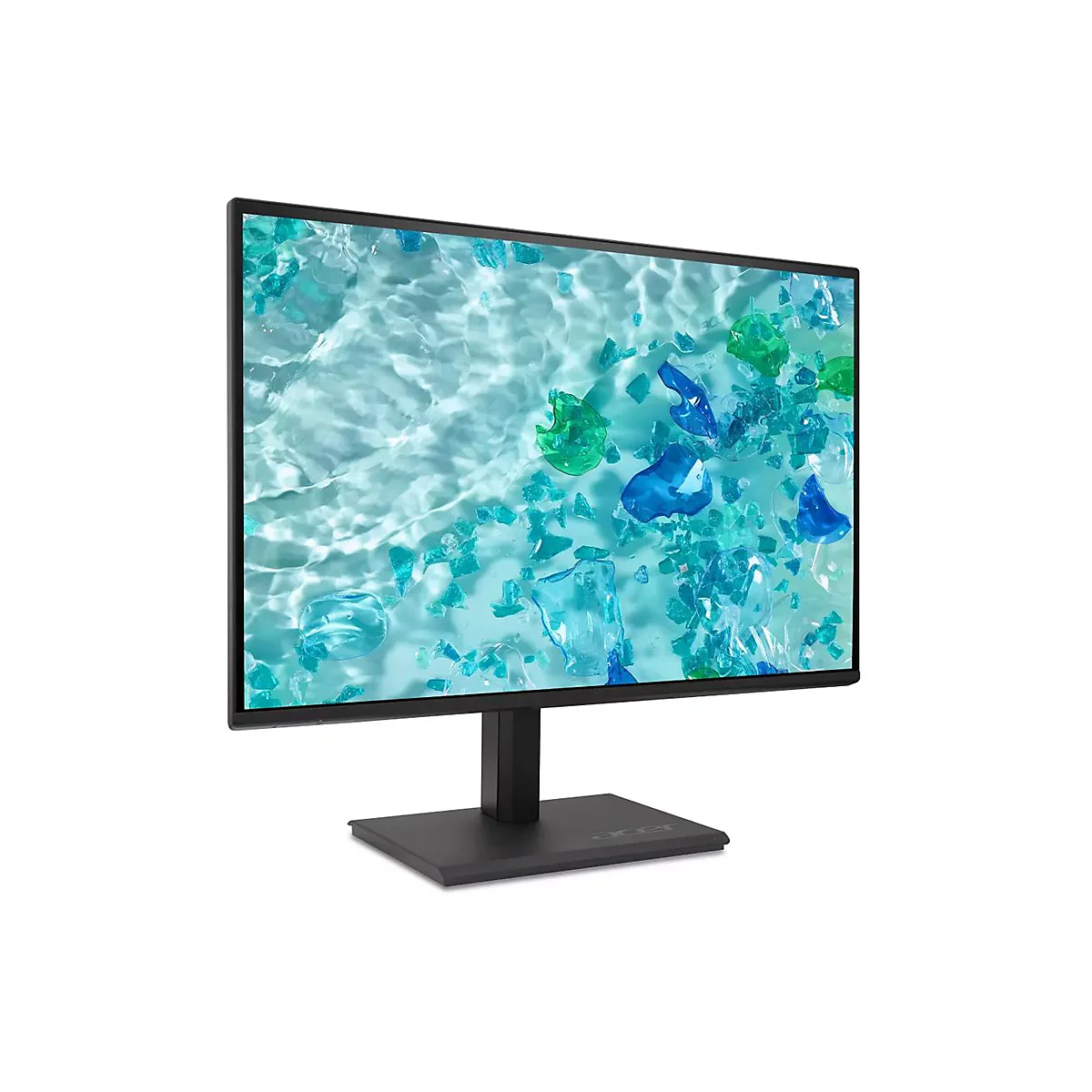 Schwarzer Acer-Monitor vor weißem Hintergrund mit blau-grünem Wasser- und Glas-Display-Hintergrundbild.