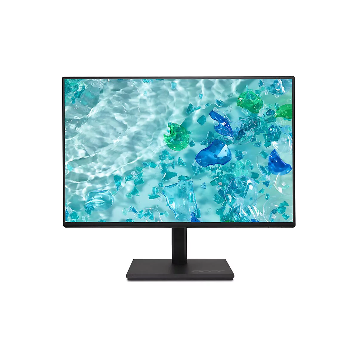 Acer Monitor mit schmalem schwarzem Rahmen und Standfuß vor weißem Hintergrund, Anzeige zeigt abstraktes Wasser-Design.