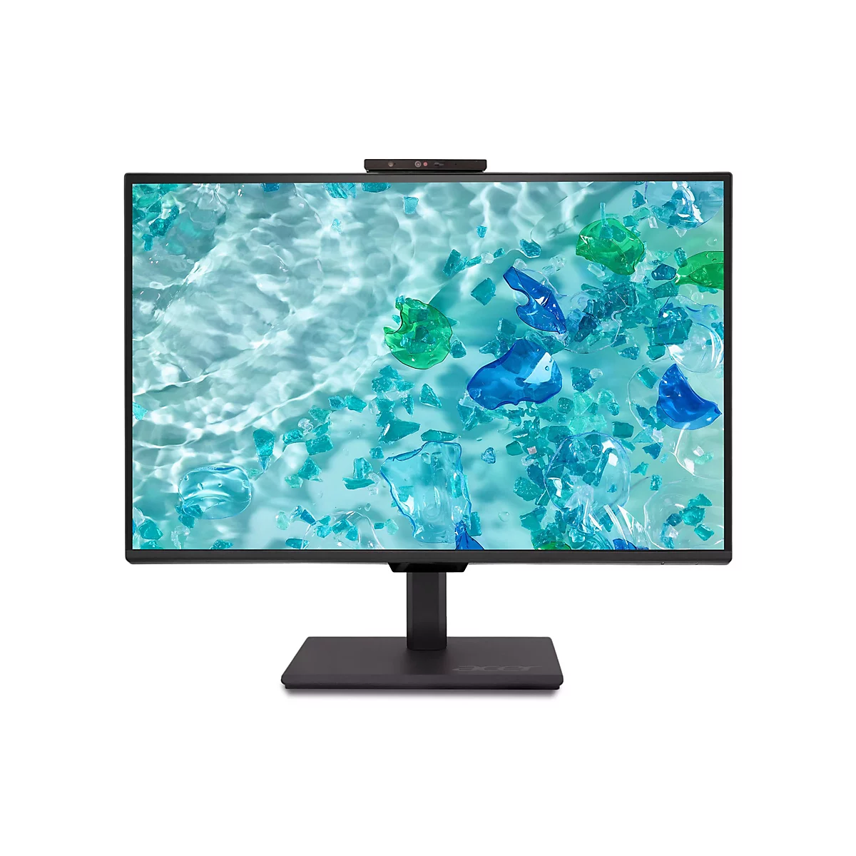 Acer Monitor mit dünnem Rahmen und Webcam auf hellem Hintergrund mit blauem Glas-Motiv.