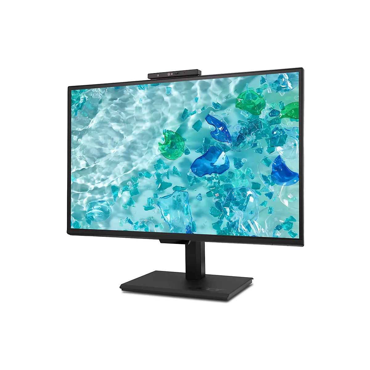 Schwarzer Acer-Monitor mit Webcam auf einem Standfuß vor weißem Hintergrund. Das Display zeigt blaugrüne Glasbruchstücke.
