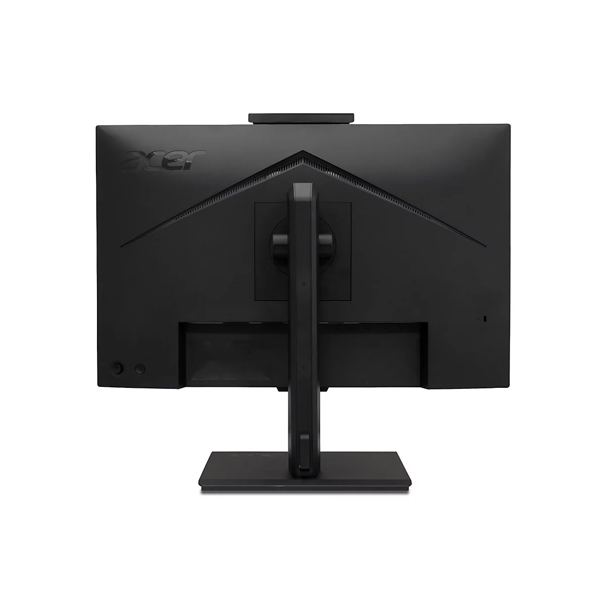 Rückseite eines schwarzen Acer-Monitors mit Standfuß vor weißem Hintergrund.