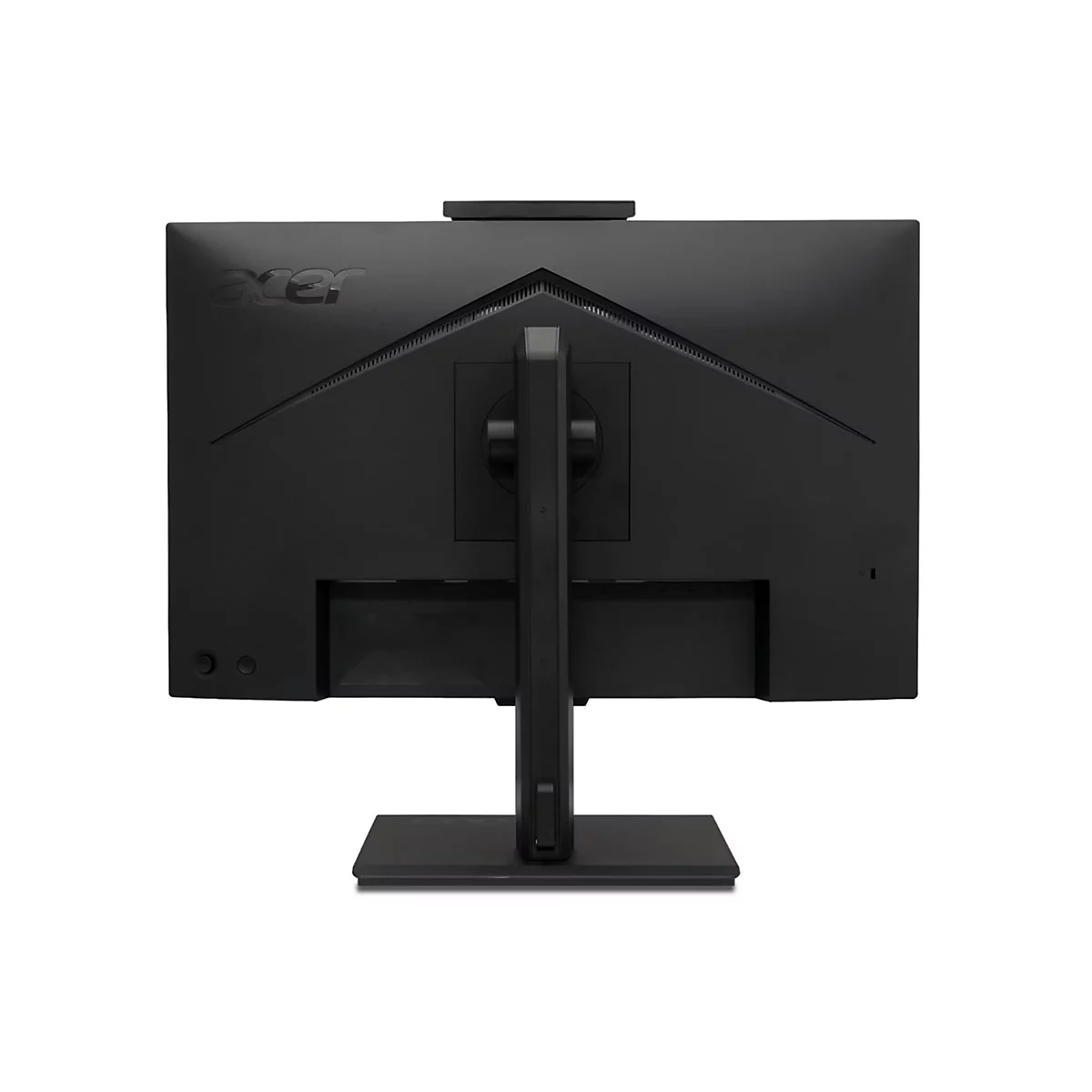 Rückseite eines schwarzen Acer-Monitors mit Standfuß vor weißem Hintergrund.