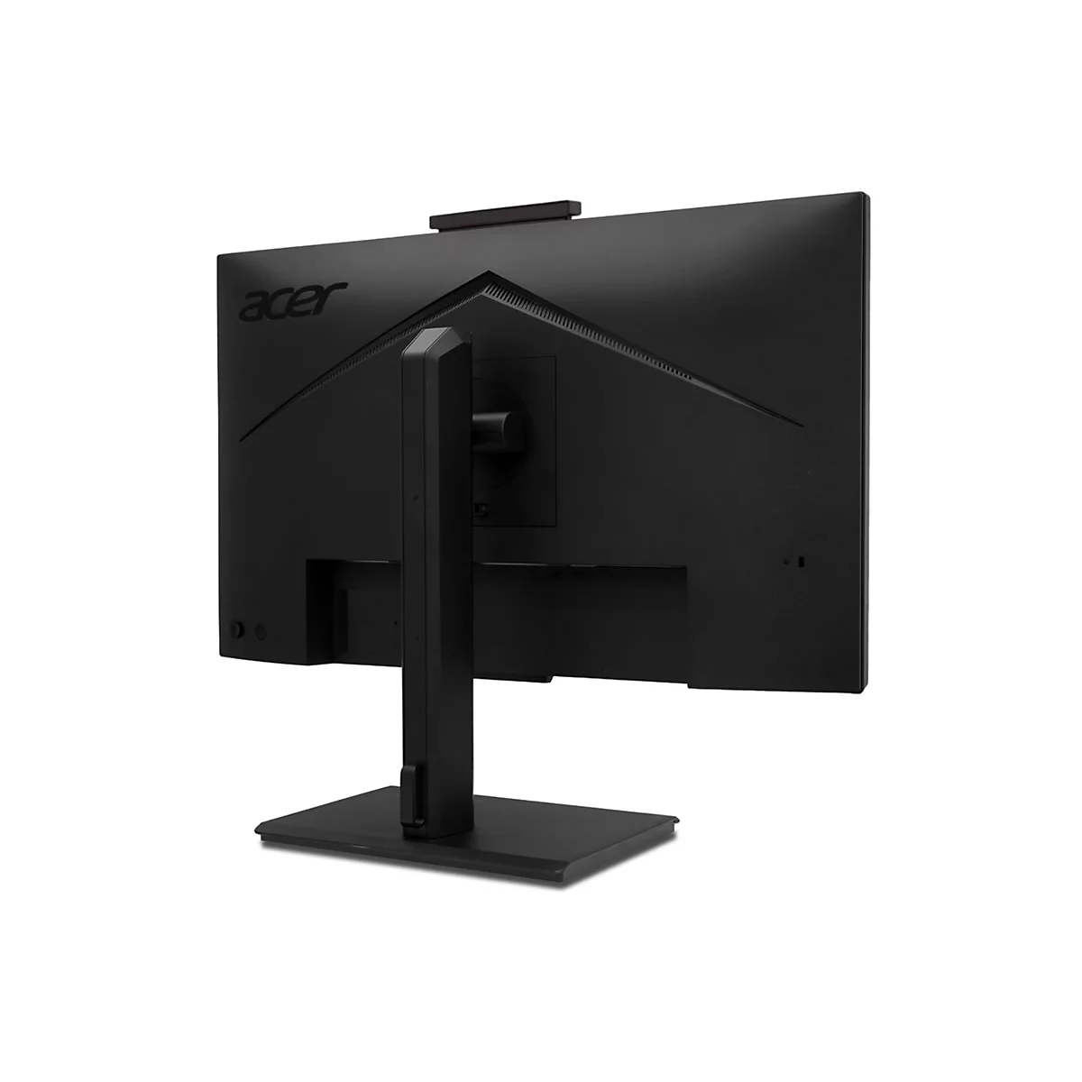 Rückansicht eines schwarzen Acer Monitors mit Standfuß auf weißem Hintergrund.