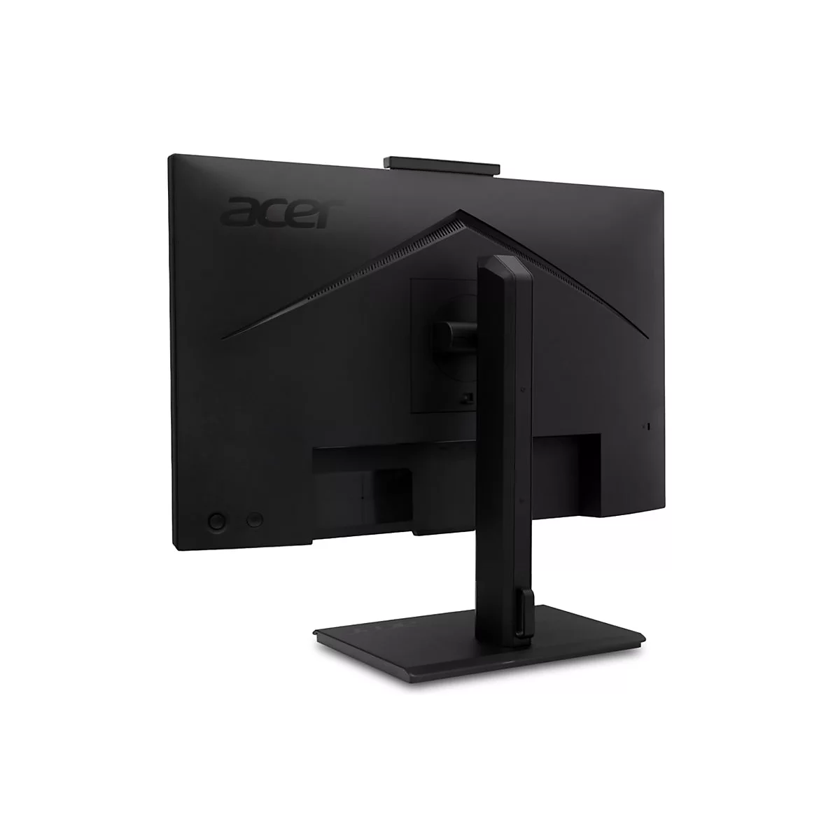 Rückansicht eines schwarzen Acer-Monitors mit Standfuß auf weißem Hintergrund.