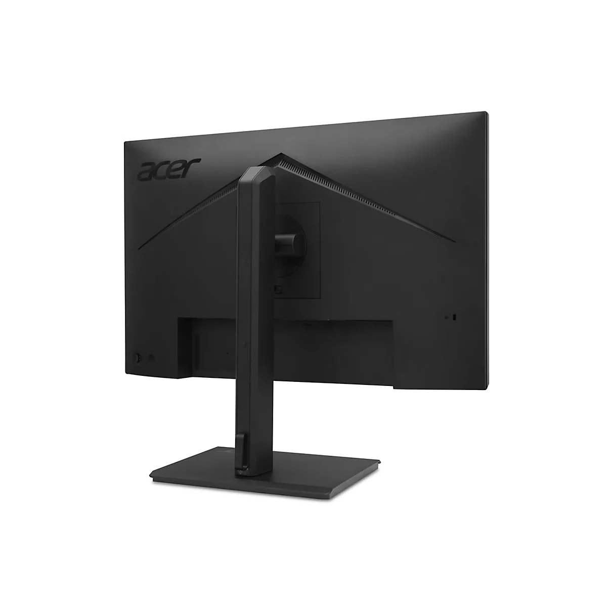 Rückansicht eines schwarzen Acer Monitors mit Standfuß vor weißem Hintergrund.