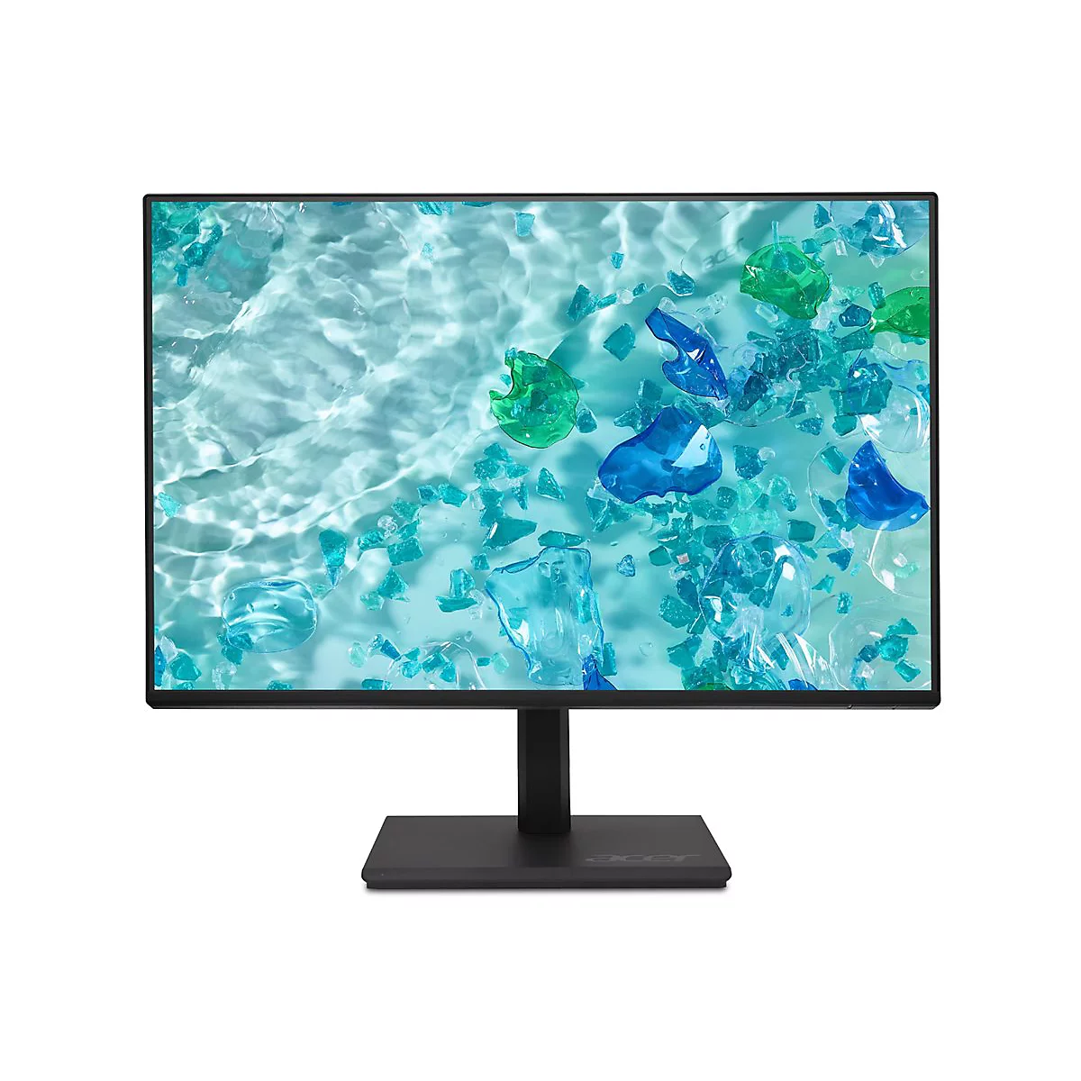 Schwarzer Acer-Monitor mit schmalem Rahmen vor weißem Hintergrund, zeigt abstrakte blaue Glas- und Wassergrafik.