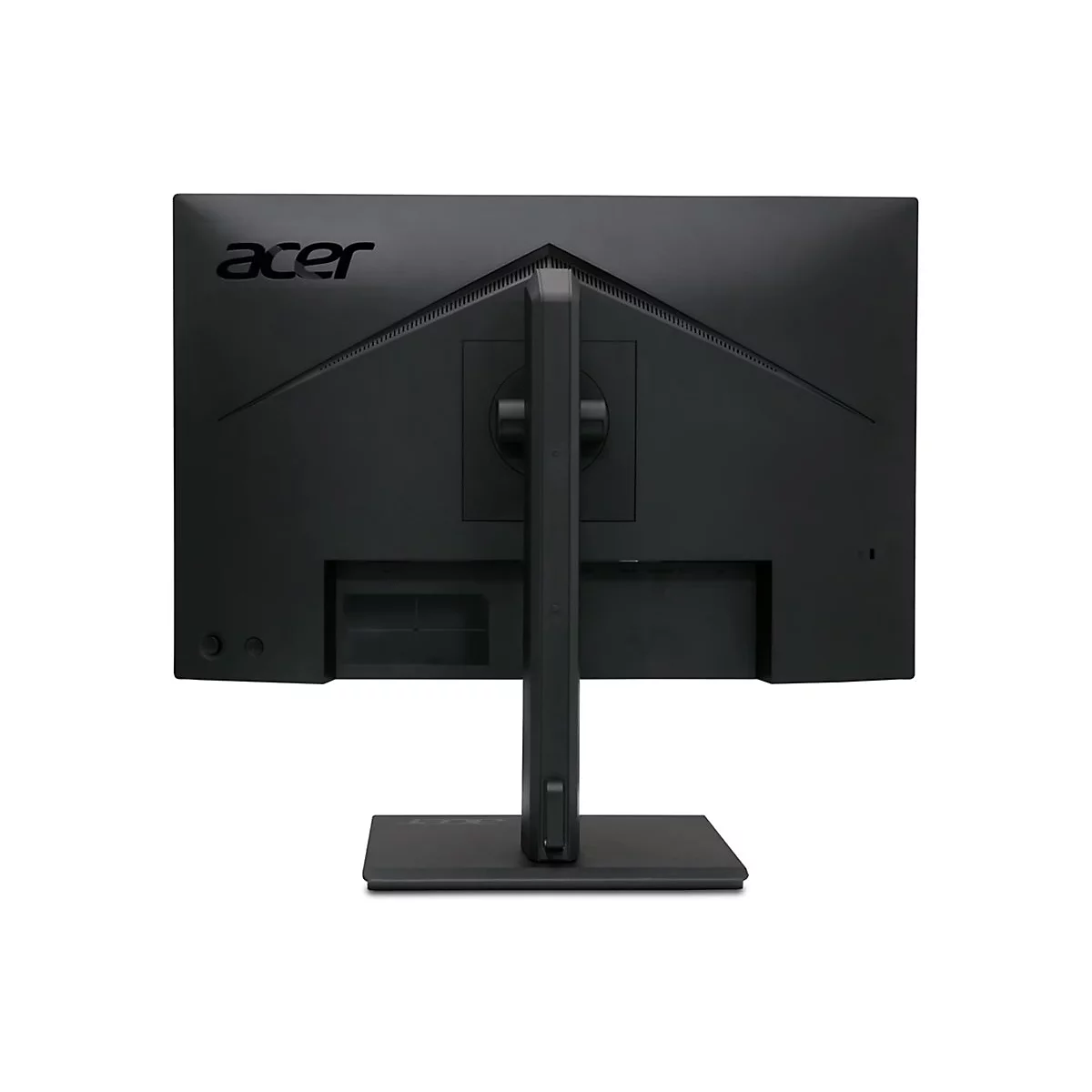 Rückseite eines schwarzen Acer-Monitors mit Standfuß auf weißem Hintergrund.