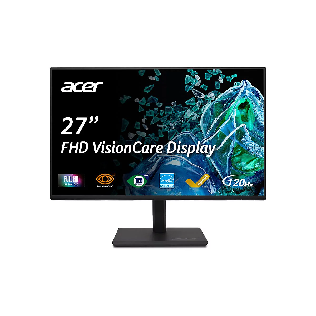 Acer 27-Zoll-Monitor mit Full-HD-Auflösung, 120Hz-Technik und VisionCare-Zertifizierungen vor schwarzem Hintergrund.
