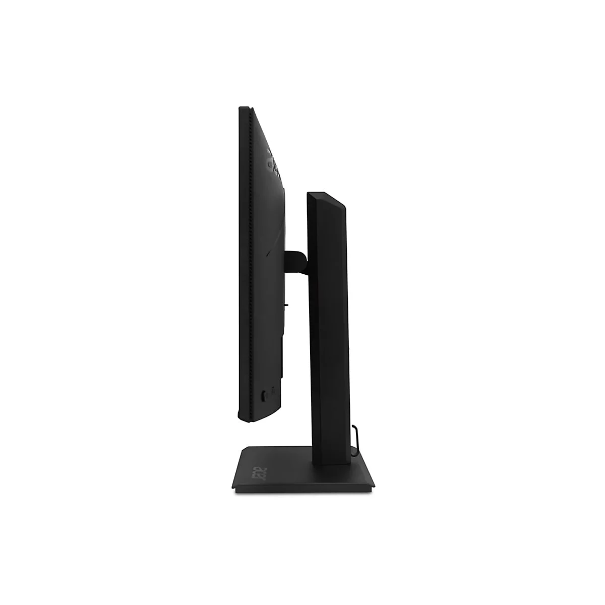 Seitliche Ansicht eines schwarzen Acer Monitors auf einem stabilen Standfuß vor weißem Hintergrund.
