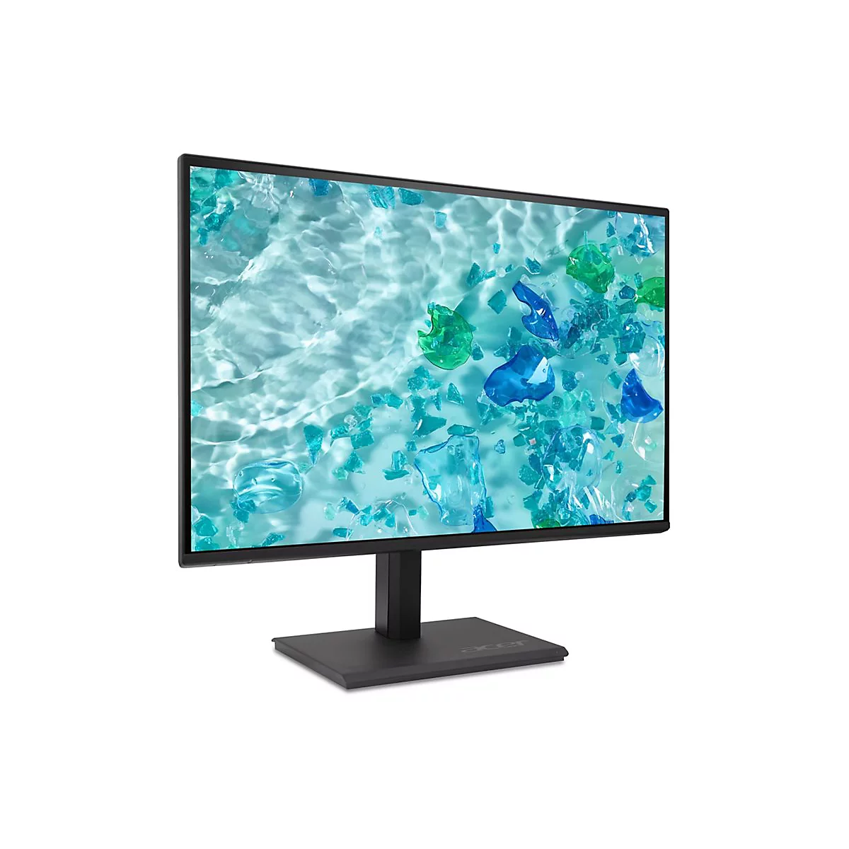 Acer Monitor auf schwarzem Standfuß vor weißem Hintergrund mit abstraktem blau-grünem Wasserhintergrund.