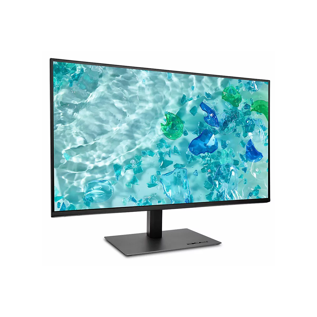 Schwarzer Acer Monitor auf rechteckigem Standfuß vor weißem Hintergrund mit abstraktem blau-grünem Wasserhintergrund.