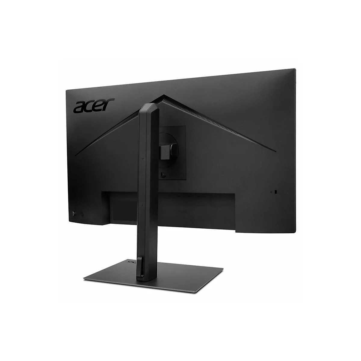 Rückansicht eines schwarzen Acer Monitors mit Standfuß auf weißem Hintergrund.