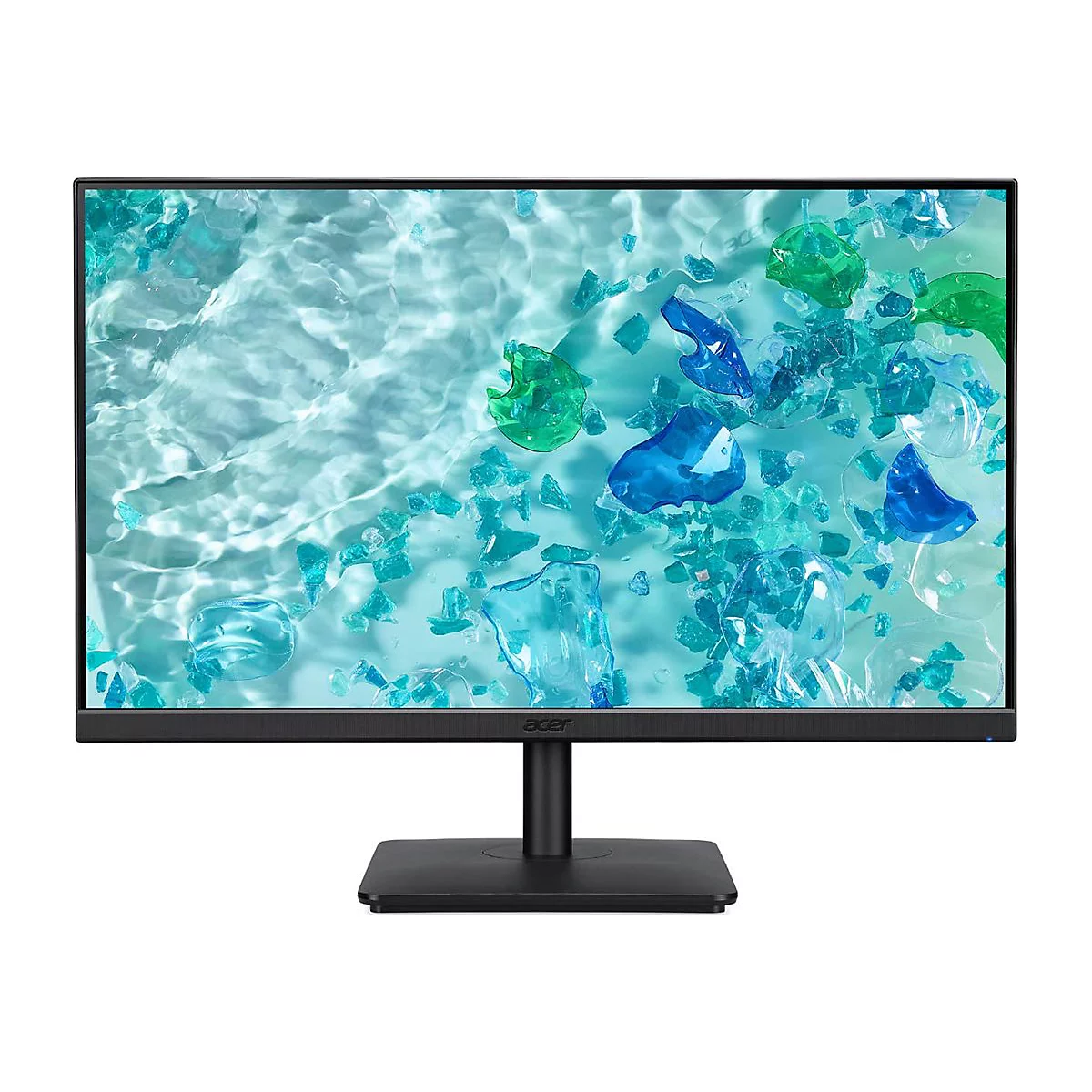 Acer Monitor auf schwarzem Standfuß vor einem Hintergrund aus Wasser und blau-grünen Glasfragmenten.