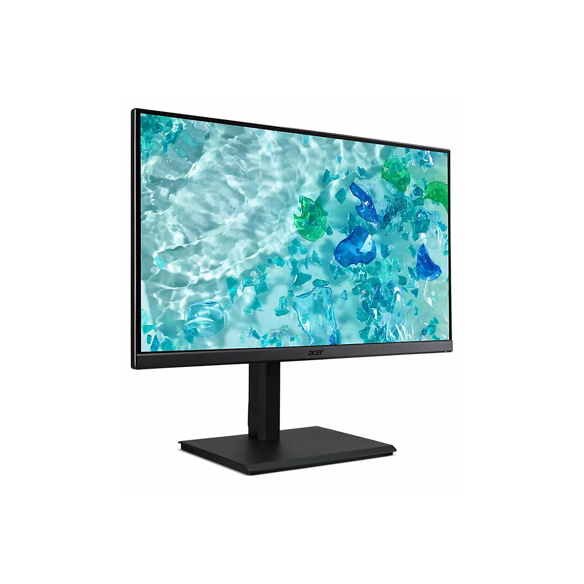 Schwarzer Acer Monitor mit dünnem Rahmen vor weißem Hintergrund, zeigt hellblaues, abstraktes Wasser-Motiv.