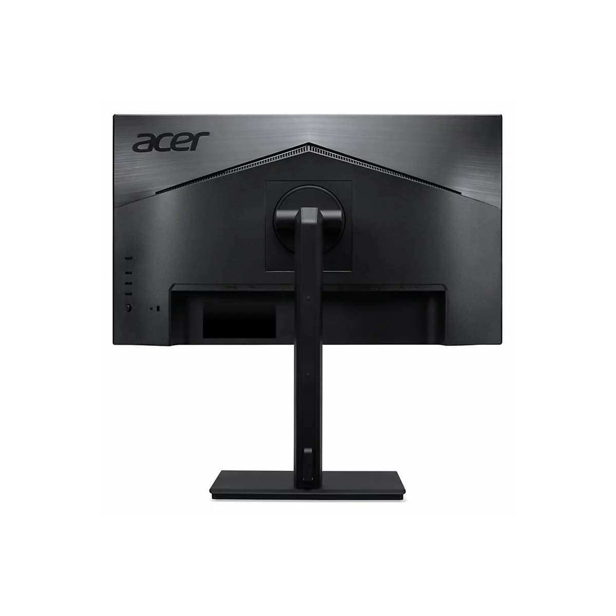 Rückseite eines schwarzen Acer-Monitors auf einem Standfuß vor weißem Hintergrund.