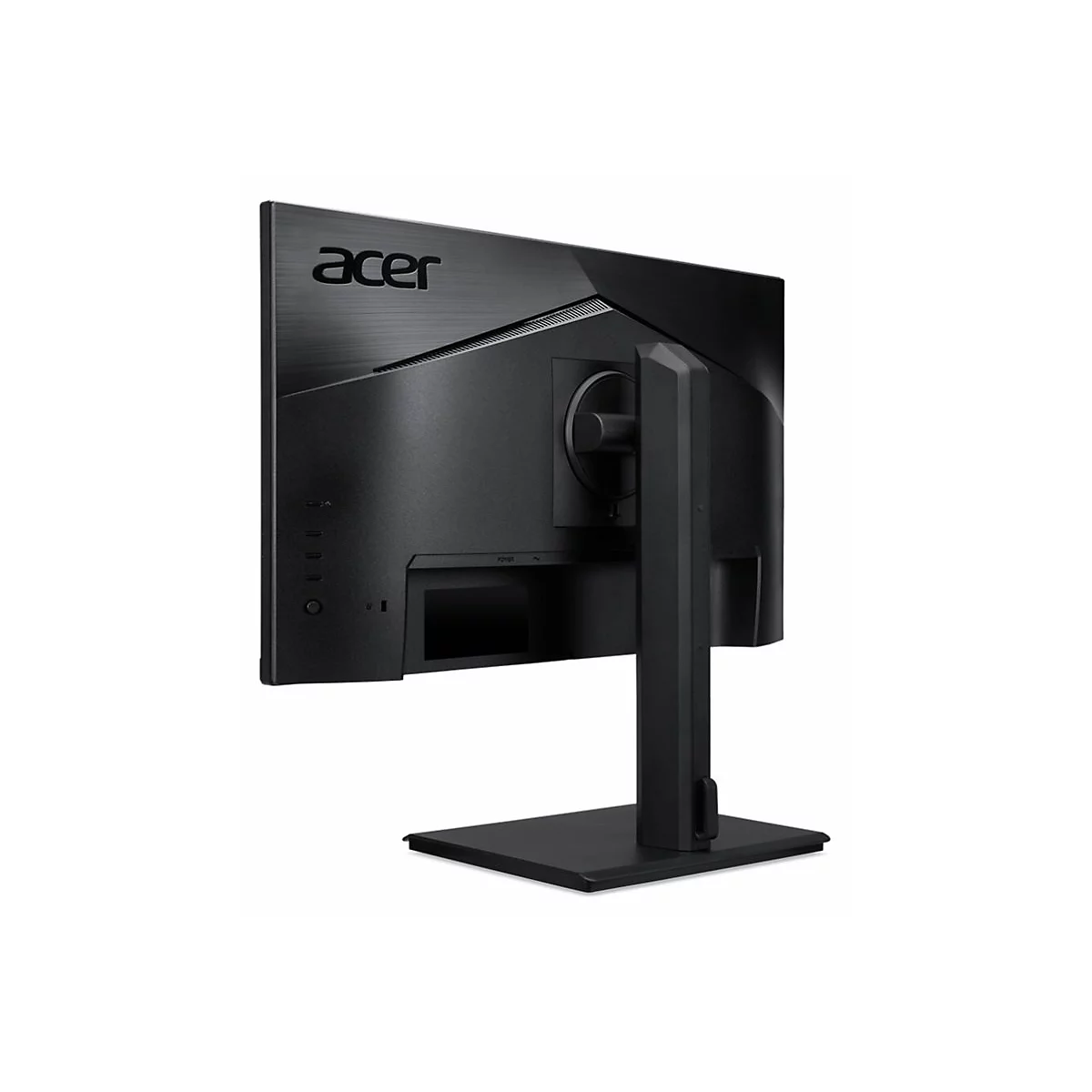 Rückansicht eines schwarzen Acer Monitors auf einem Standfuß vor weißem Hintergrund.
