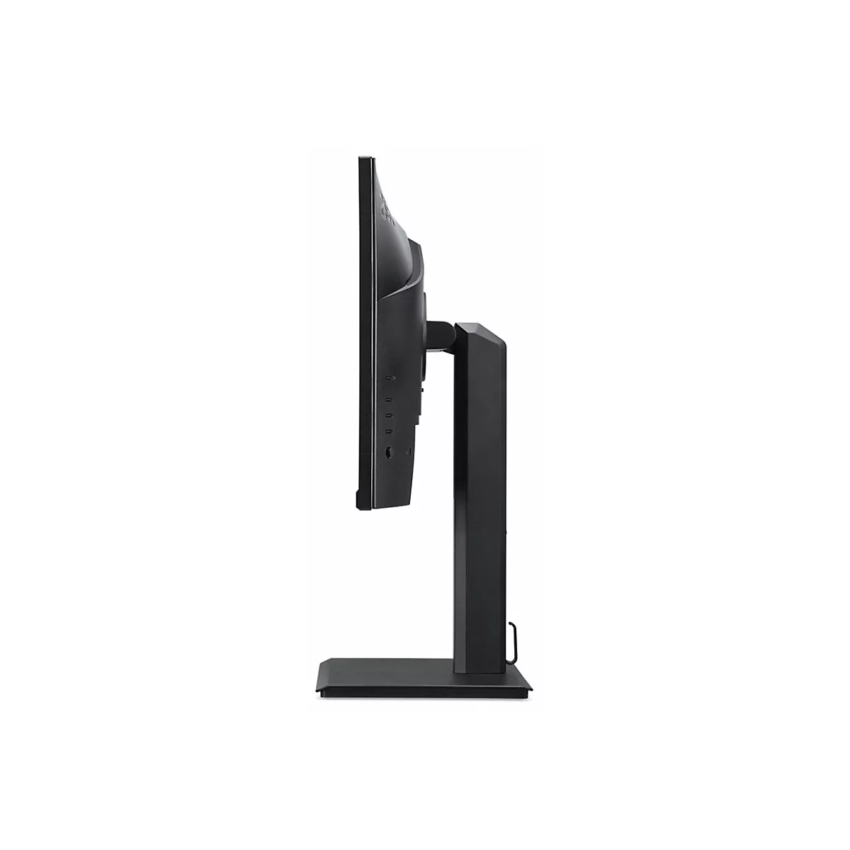 Seitliche Ansicht eines schwarzen Computermonitors auf einem Standfuß vor weißem Hintergrund.