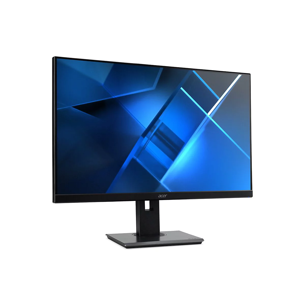 Schwarzer Acer-Monitor mit schlankem Rahmen und abstraktem blauem Displaybild auf weißem Hintergrund.