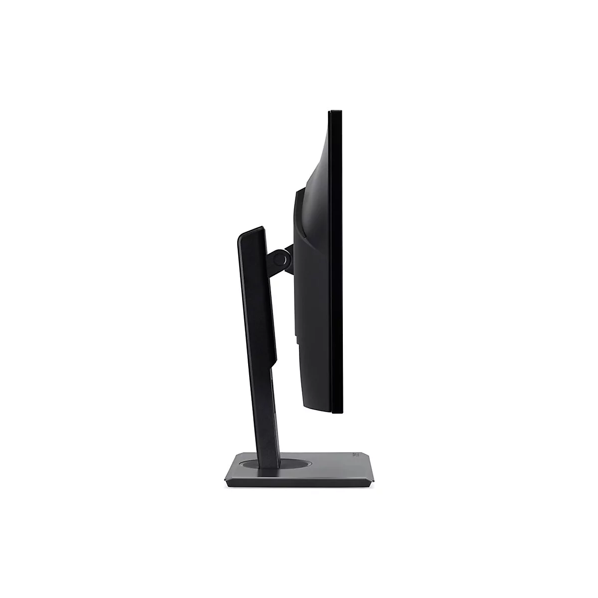 Seitliche Ansicht eines schwarzen Computer-Monitors mit standfestem Standfuß vor weißem Hintergrund.