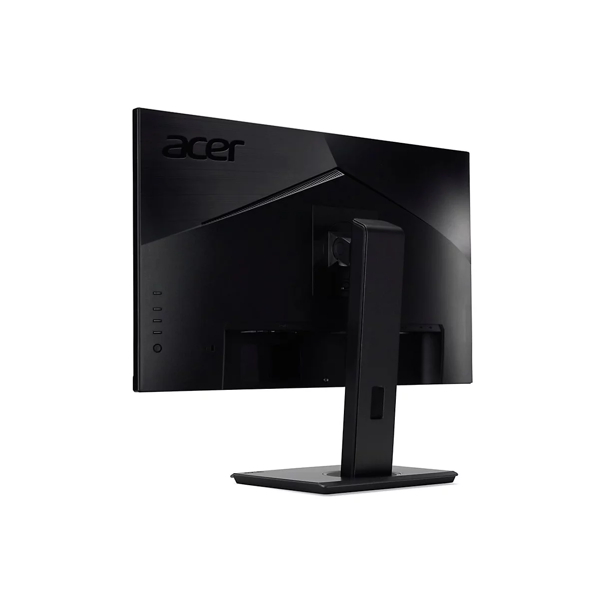 Rückseite eines schwarzen Acer-Monitors mit Standfuß vor weißem Hintergrund.