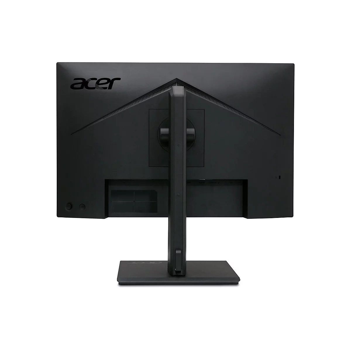 Rückseite eines schwarzen Acer-Monitors mit Standfuß vor weißem Hintergrund.