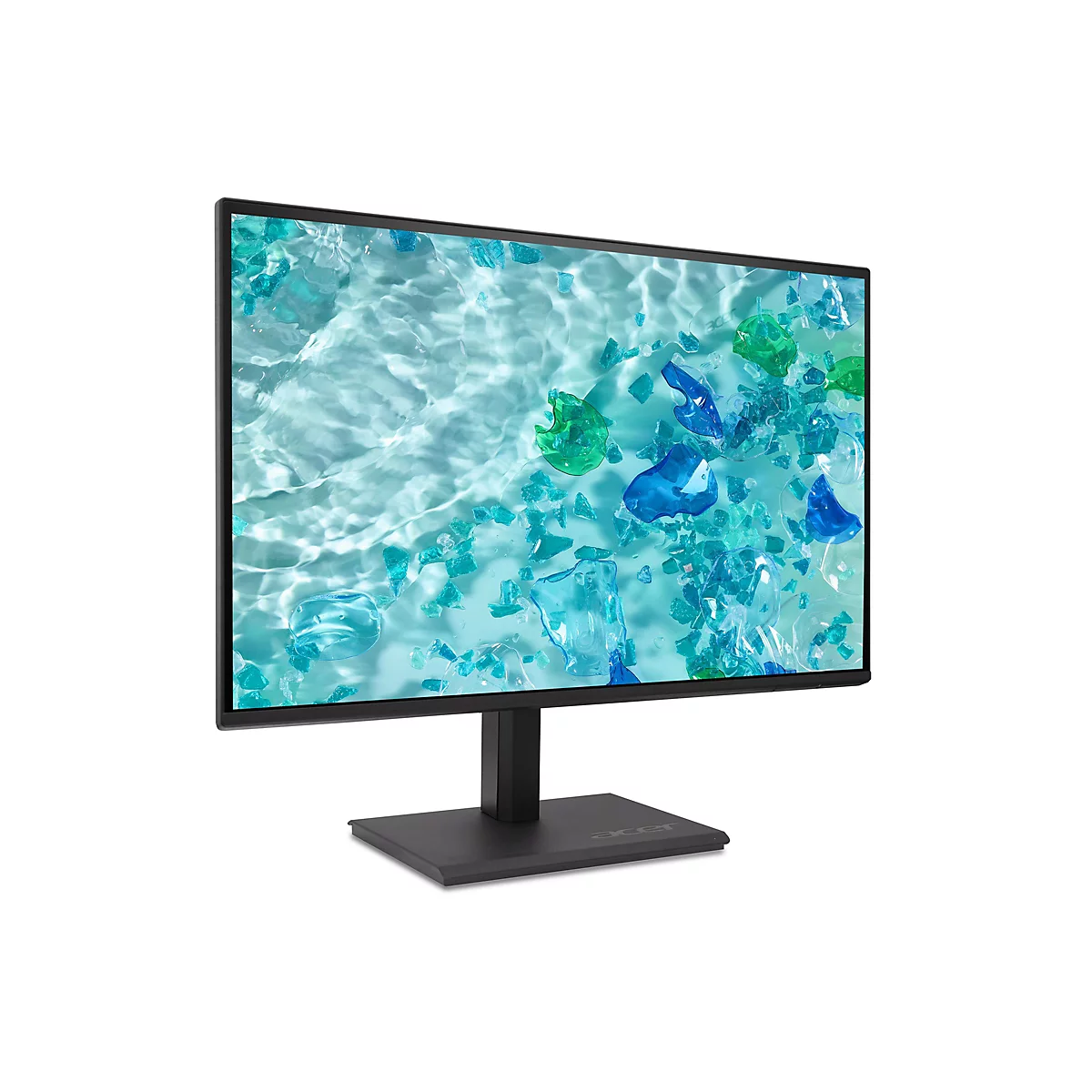 Schwarzer Acer Monitor vor weißem Hintergrund mit blauem, abstraktem Wasser- und Glasdesign auf dem Bildschirm.
