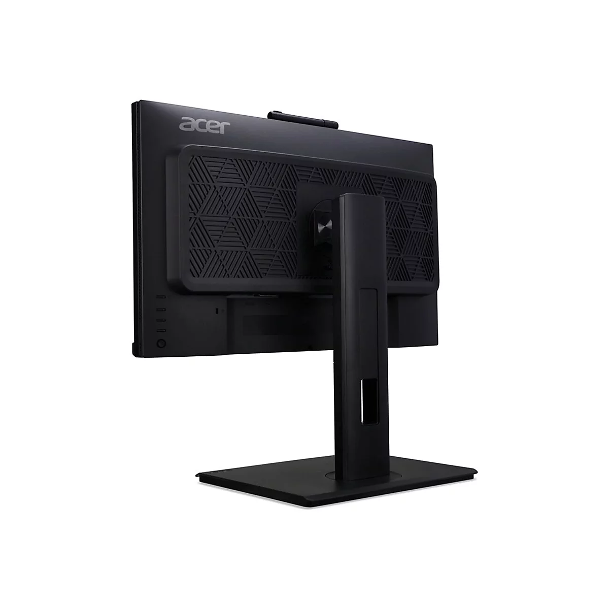 Rückseite eines schwarzen Acer Monitors mit geometrischem Muster und Standfuß vor weißem Hintergrund.