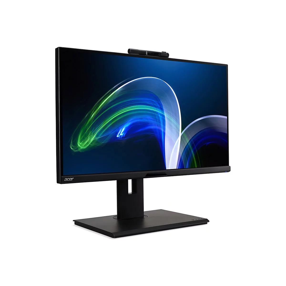 Schwarzer Acer-Monitor auf einem Standfuß mit einer Webcam an der Oberseite, vor weißem Hintergrund.