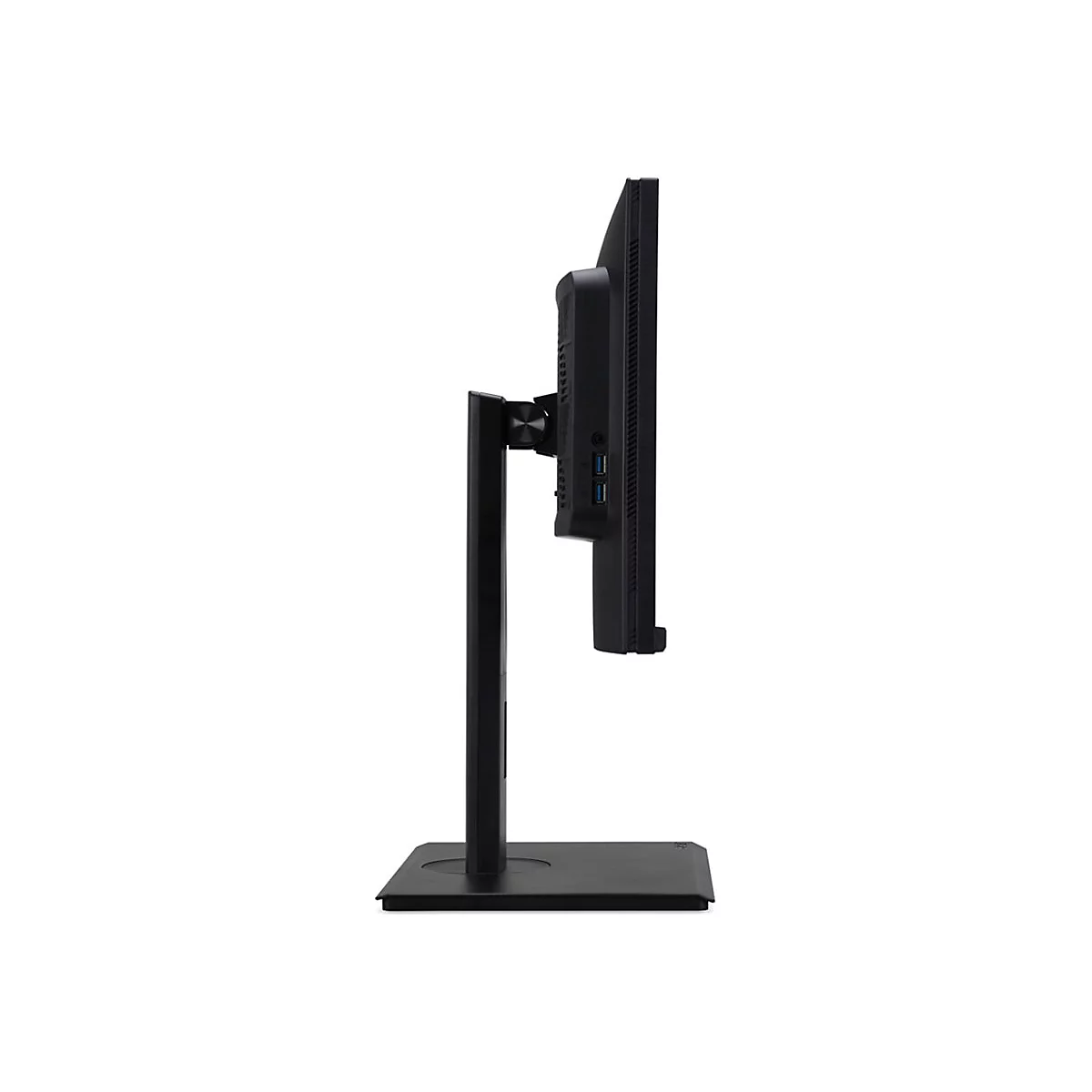 Seitliche Ansicht eines schwarzen Computermonitors mit höhenverstellbarem Standfuß vor weißem Hintergrund.
