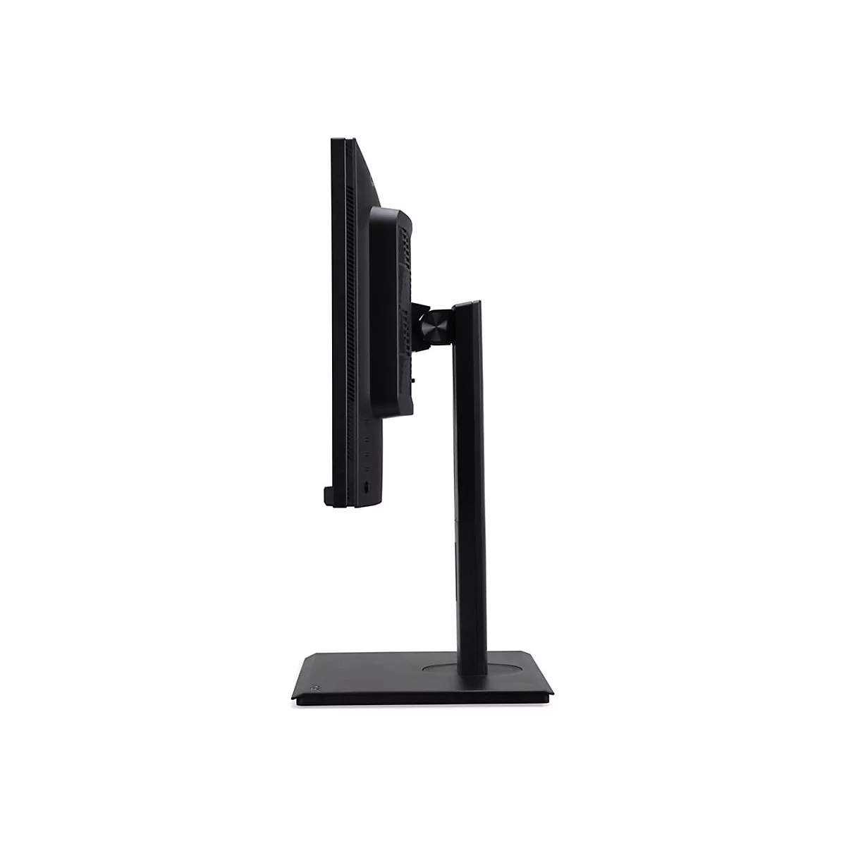 Seitliche Ansicht eines schwarzen Computermonitors auf einem Standfuß vor weißem Hintergrund.