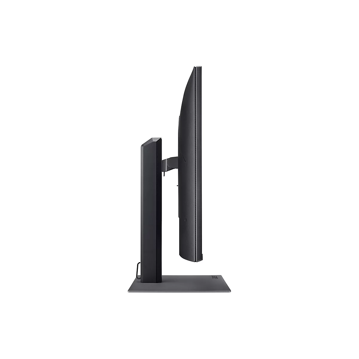 Seitliche Ansicht eines schwarzen Acer Monitors auf einem Standfuß vor weißem Hintergrund.