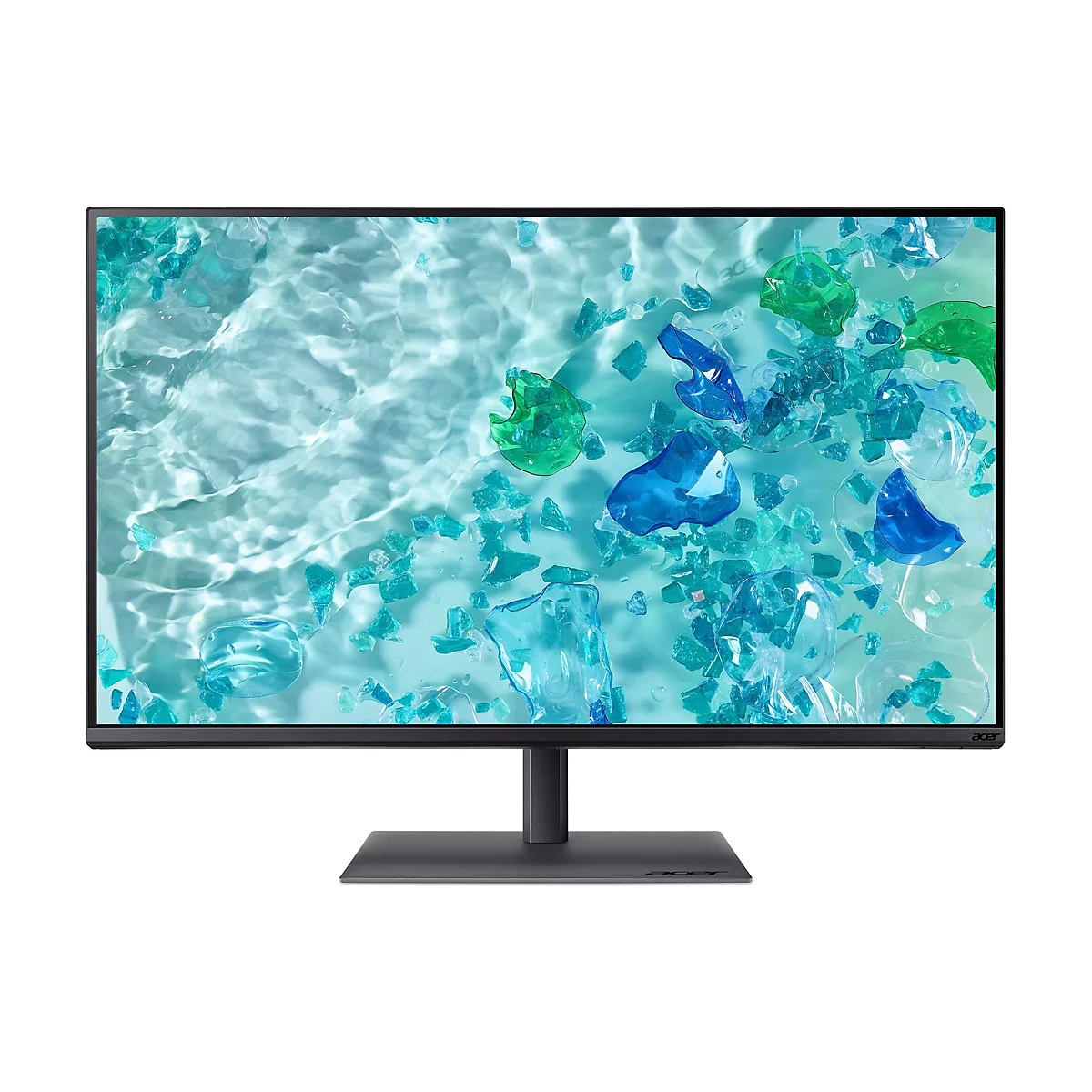 Acer Monitor mit schmalem Rahmen und Standfuß vor weißem Hintergrund, Anzeige zeigt blaues Wasser mit Kunststoffstücken.