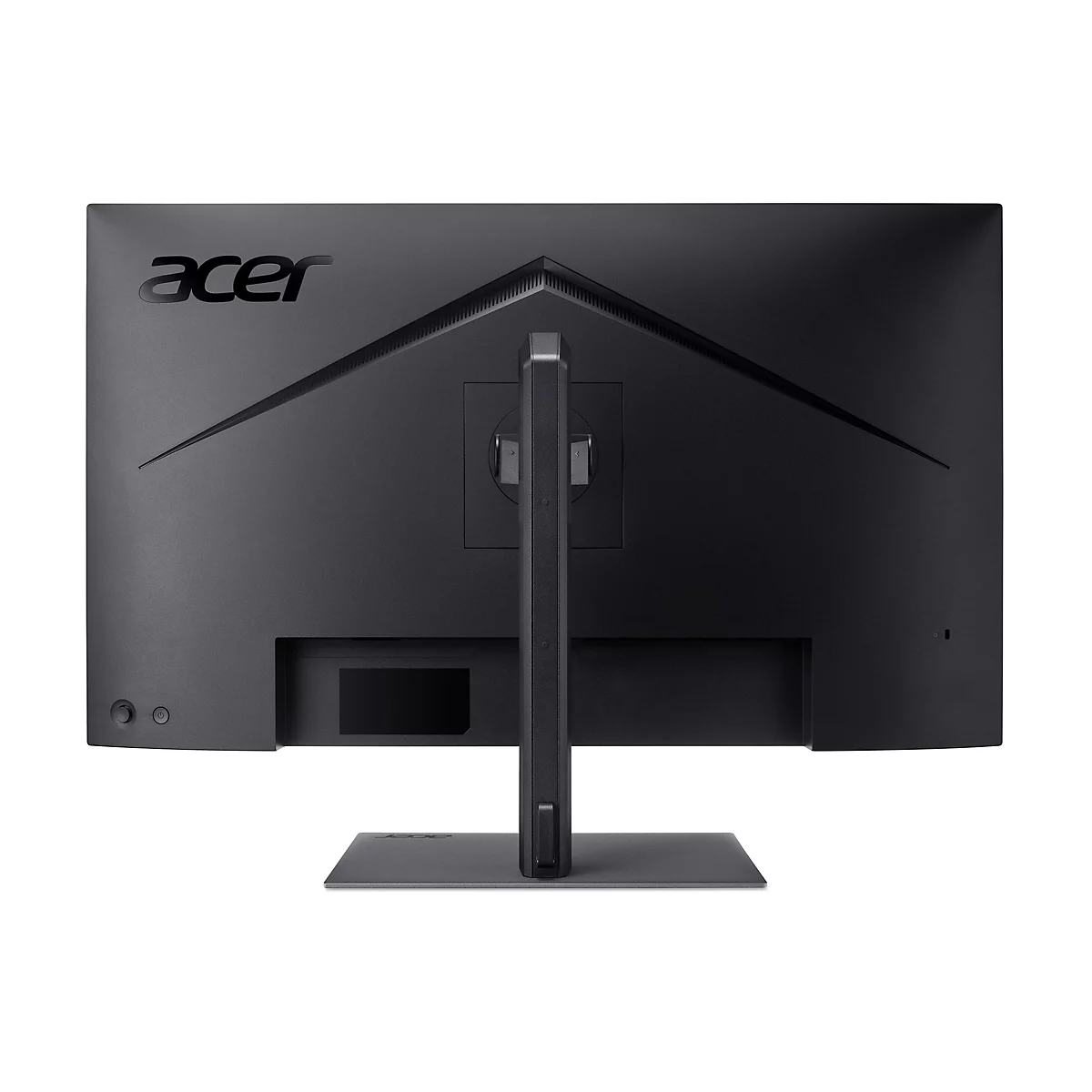Rückseite eines schwarzen Acer-Monitors mit Standfuß vor weißem Hintergrund.