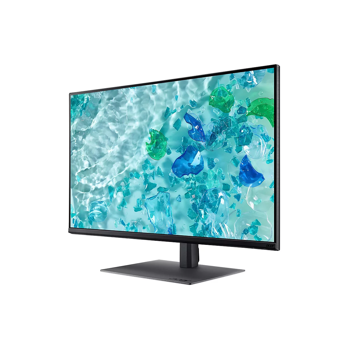Acer Monitor aus der Perspektive, Display zeigt abstraktes blaues Wasser mit Kunststofffragmenten, flacher Standfuß.