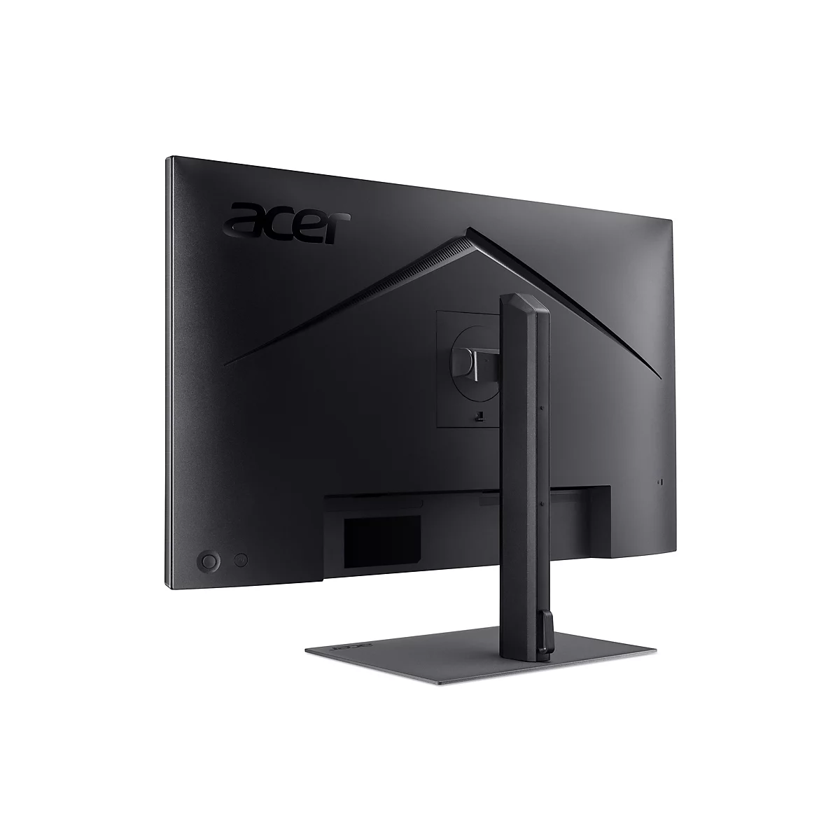 Rückseite eines schwarzen Acer-Monitors mit Standfuß vor weißem Hintergrund.