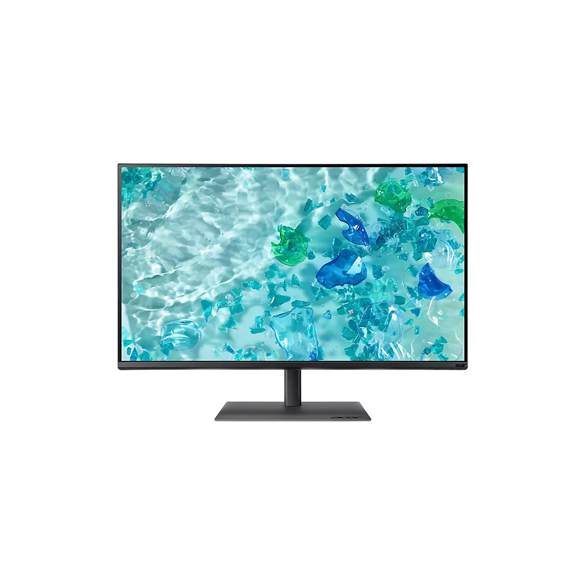 Acer Monitor mit dünnem Rahmen vor weißem Hintergrund. Display zeigt blaues, wässriges Muster mit Glasstücken.