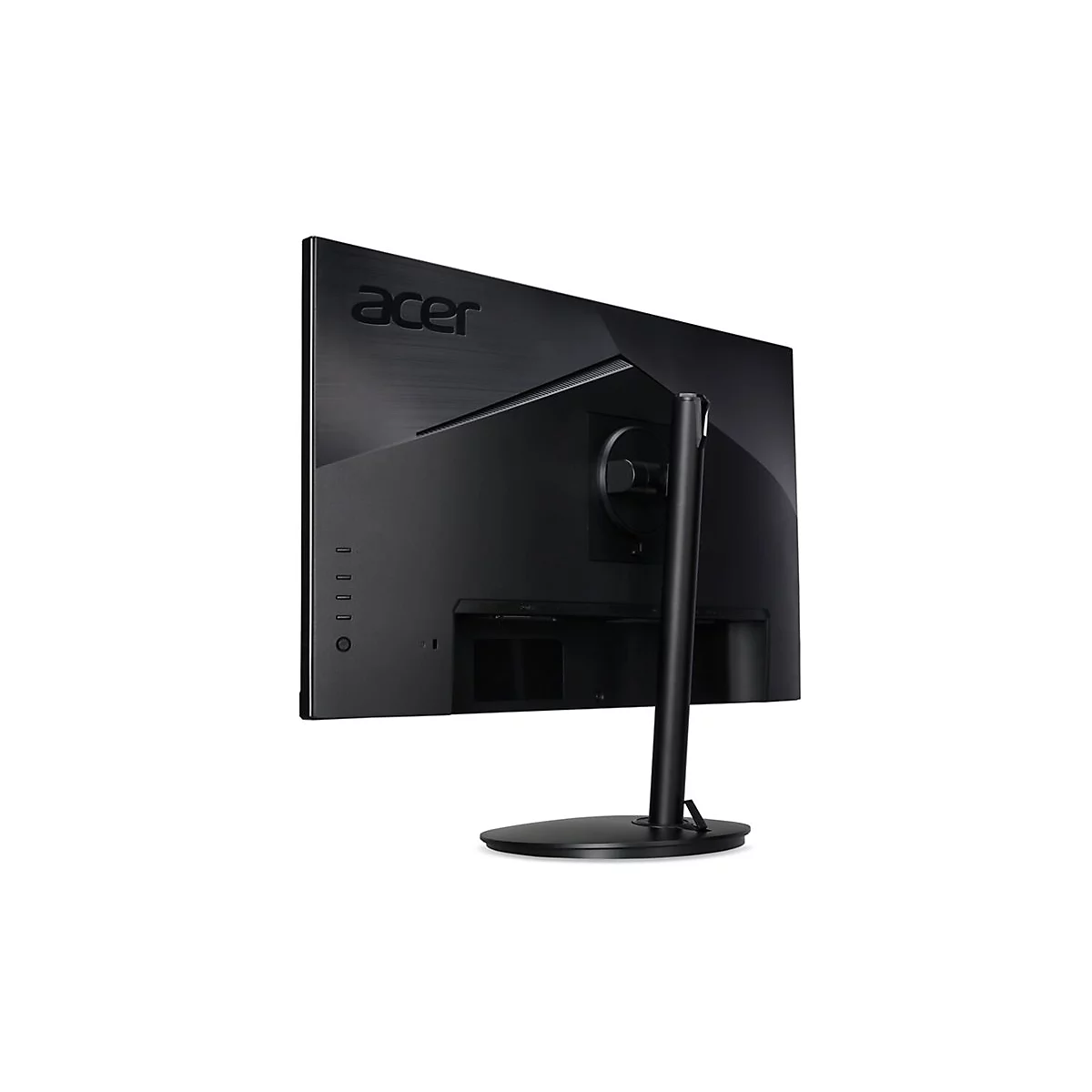 Rückansicht eines schwarzen Acer Monitors mit Standfuß vor weißem Hintergrund.