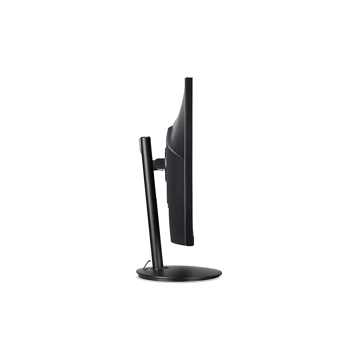 Seitenansicht eines schwarzen Computermonitors auf einem schlichten Standfuß vor weißem Hintergrund.