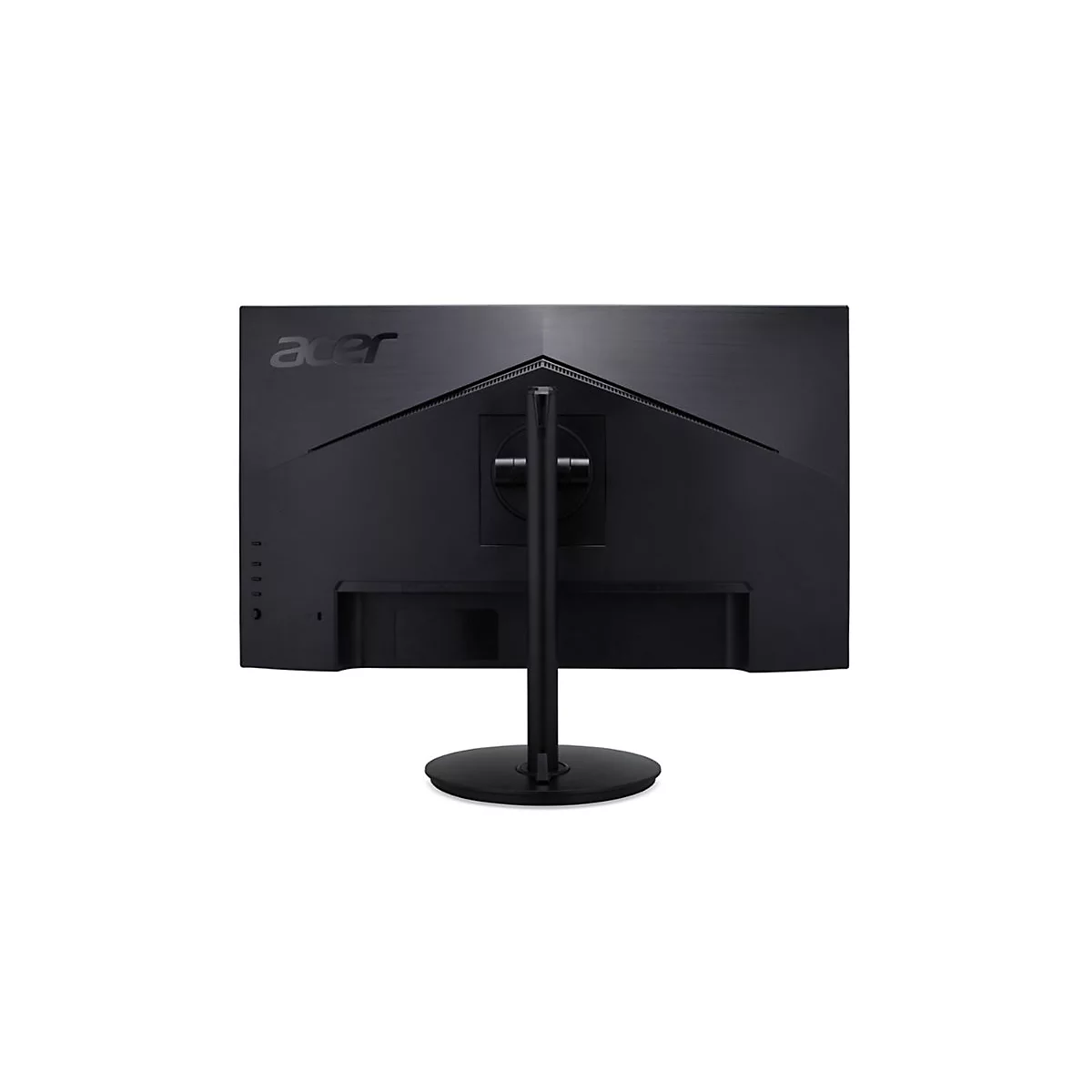 Rückseite eines schwarzen Acer-Monitors mit Standfuß vor weißem Hintergrund.