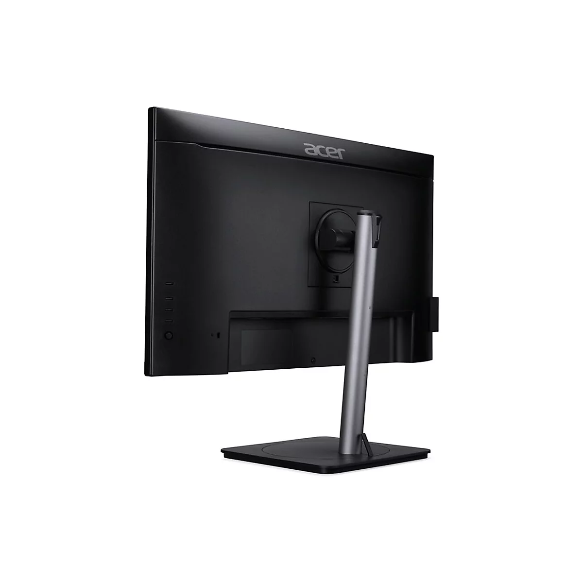 Rückansicht eines schwarzen Acer Monitors mit silbernem Standfuß vor weißem Hintergrund.