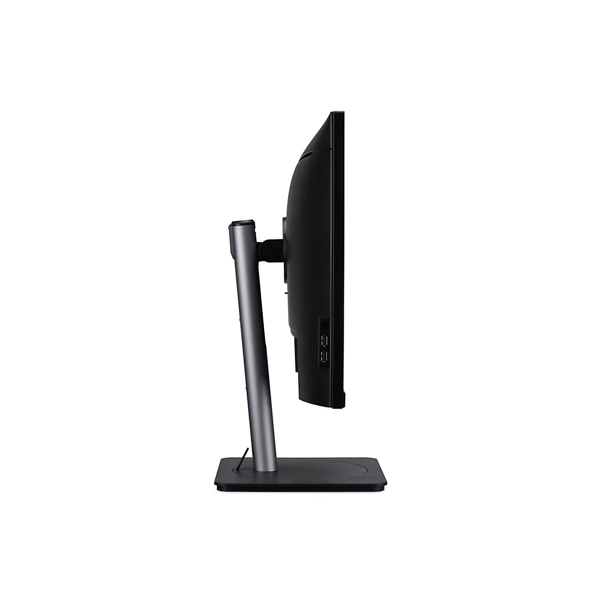 Seitenansicht eines modernen schwarzen Computermonitors auf einem grauen Ständer vor weißem Hintergrund.