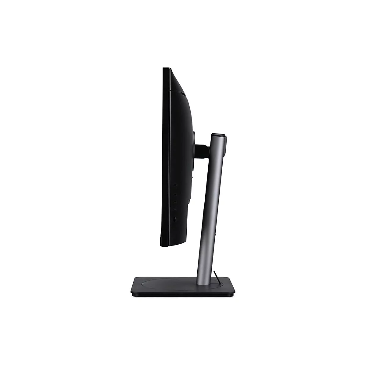 Seitliche Ansicht eines schwarzen Computermonitors mit grauem Standfuß vor weißem Hintergrund.