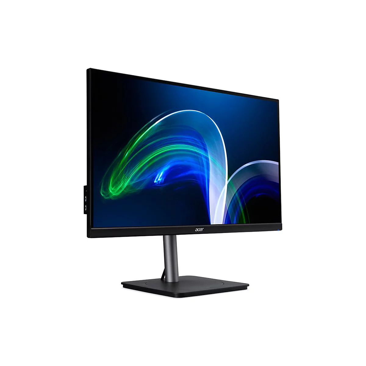 Schwarzer Acer-Monitor mit schlankem Rahmen und abstraktem, blau-grünem Lichtdesign auf weißem Hintergrund.