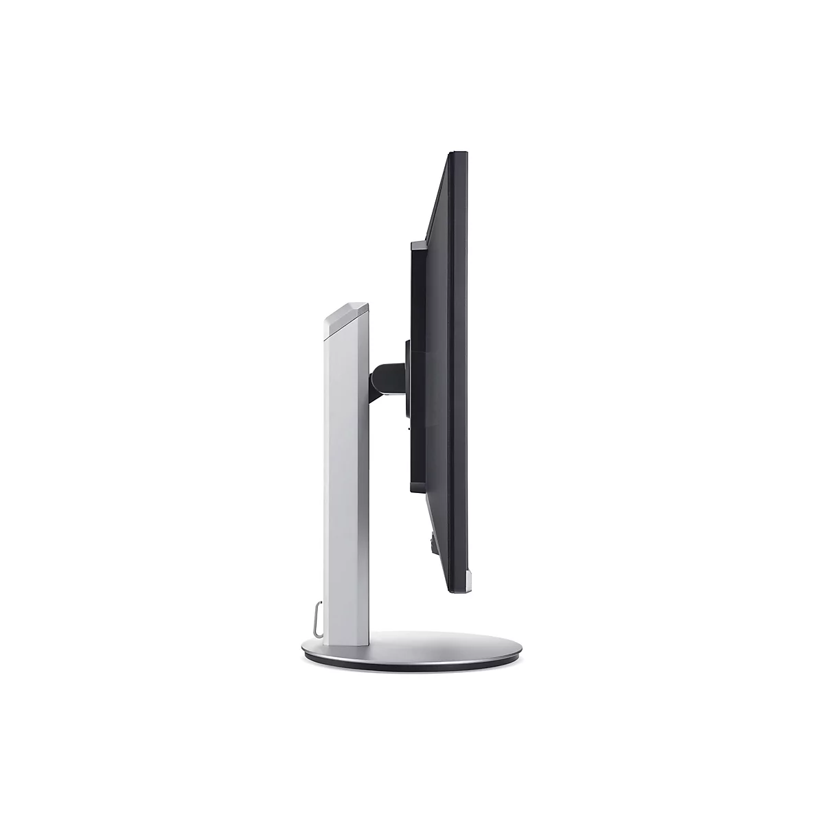 Seitliche Ansicht eines schwarzen Computermonitors mit einem silbernen Standfuß vor weißem Hintergrund.