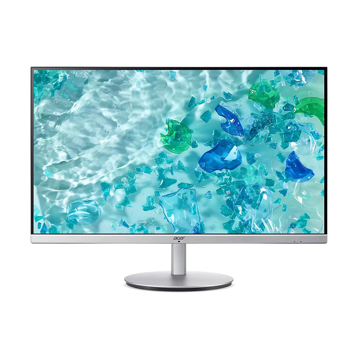 Acer Monitor mit silbernem Standfuß vor weißem Hintergrund. Das Display zeigt blaues, glitzerndes Wasser mit Glasscherben.