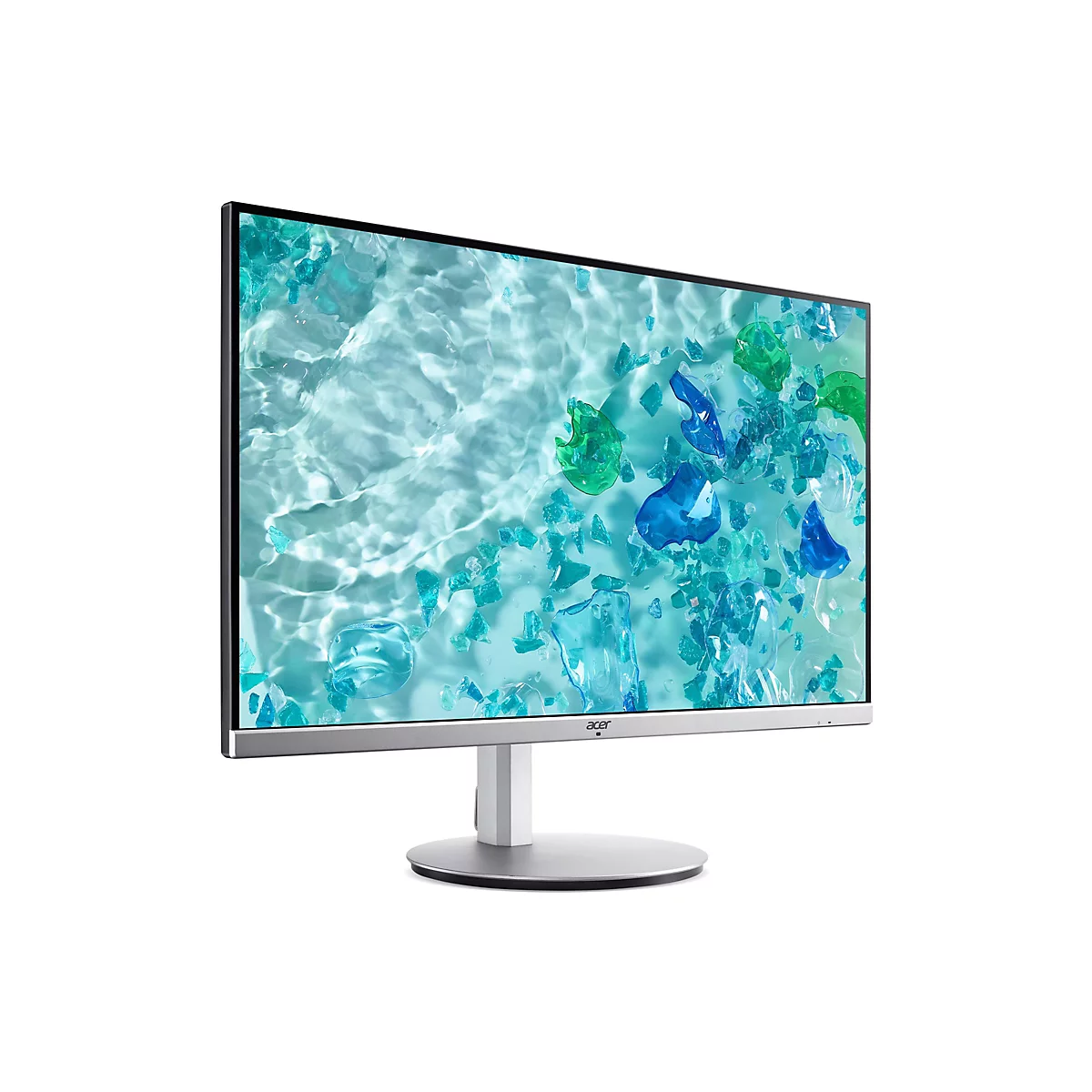 Silberner Acer Monitor mit dünnem Rand und hellem Display mit blau-grünem Glas-Hintergrundbild.