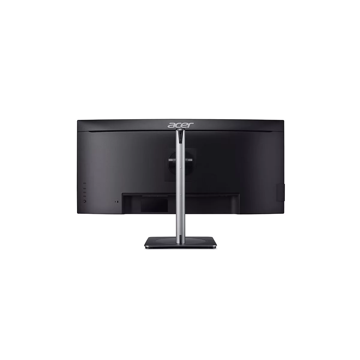 Rückansicht eines schwarzen Acer Curved Monitors auf einem silbernen Standfuß vor weißem Hintergrund.