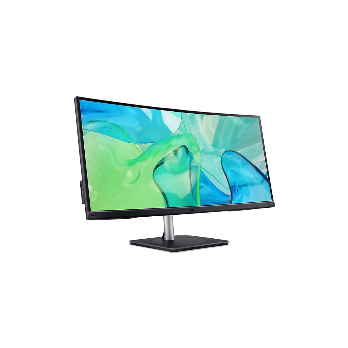 Acer Vero Curved Monitor vor weißem Hintergrund mit abstraktem, grün-blauem Displayhintergrund.
