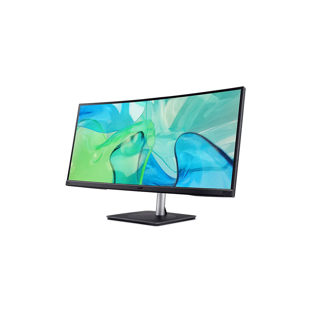 Acer Vero Monitor mit geschwungenem Bildschirm und abstraktem blau-grünem Hintergrund vor weißem Hintergrund.